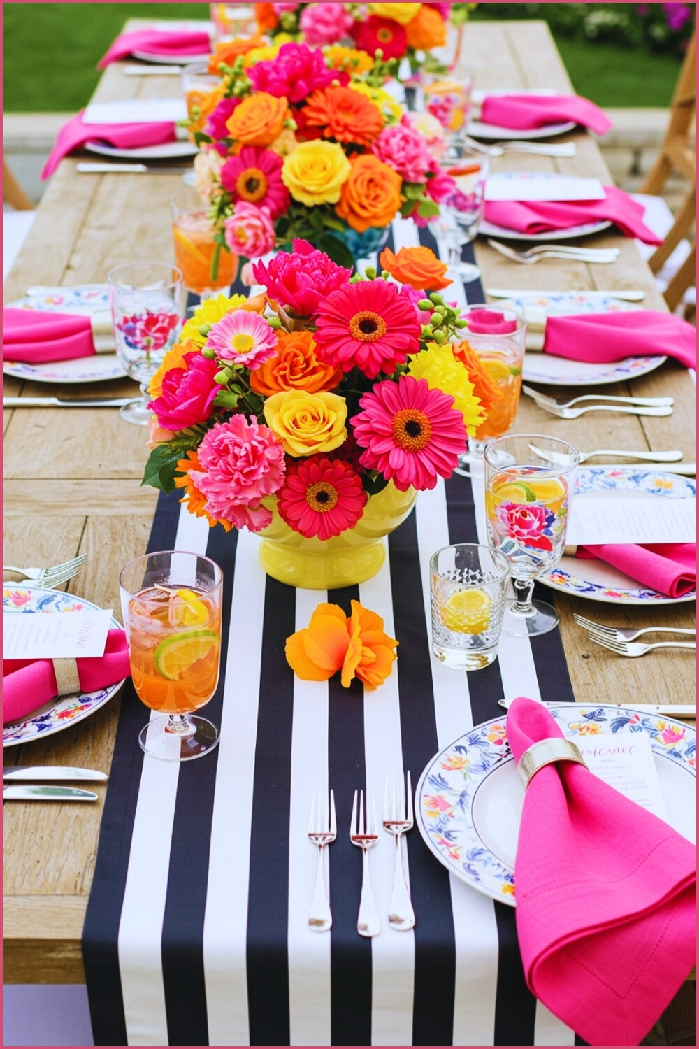 Vibrant Elegant Outdoor Table Black white Striped Runner