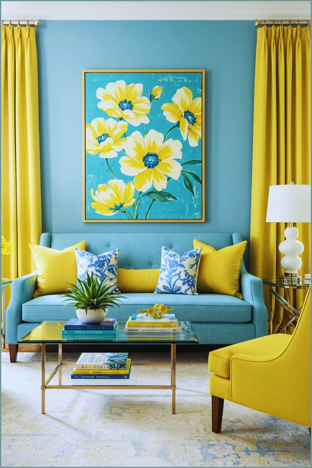 Vibrant Living Room Blue Sofa And Patterned Pillows