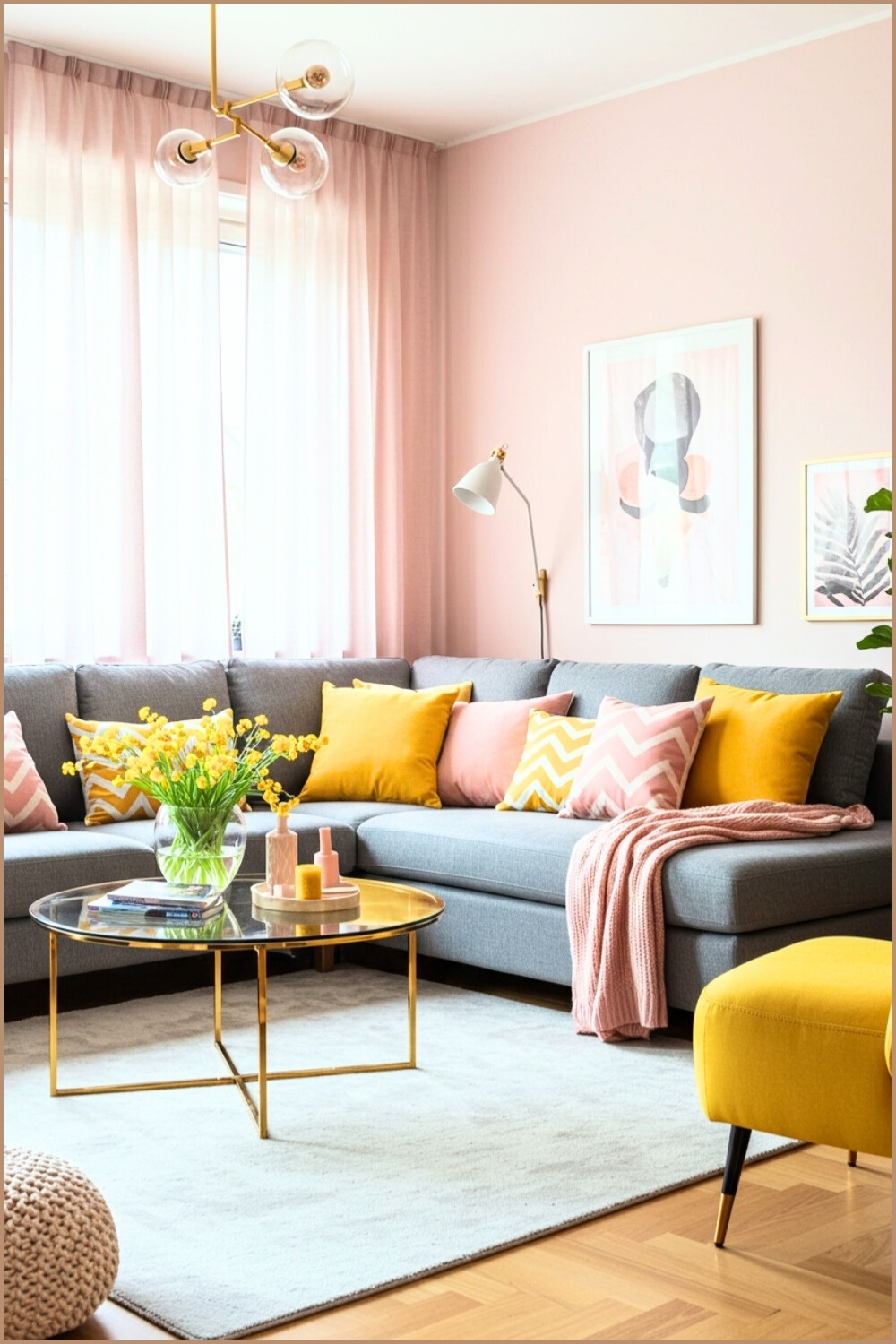 Vibrant Living Room Gray Sofa And Yellow Accents