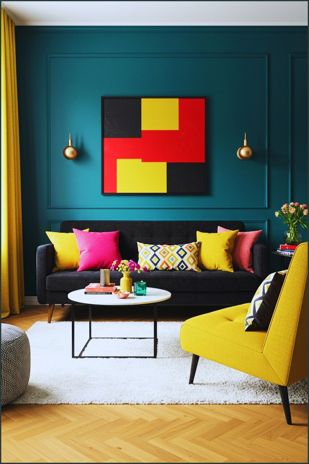 Vibrant Modern Living Room Dark Walls Black Sofa