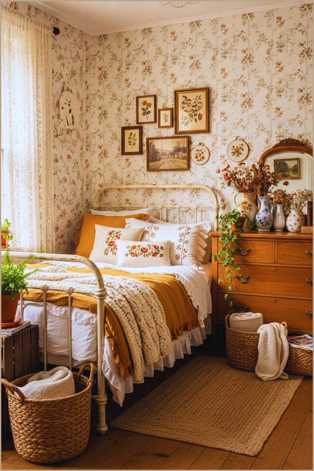 Vintage Cozy Bedroom With Floral Wallpaper Antique Wooden Dresser