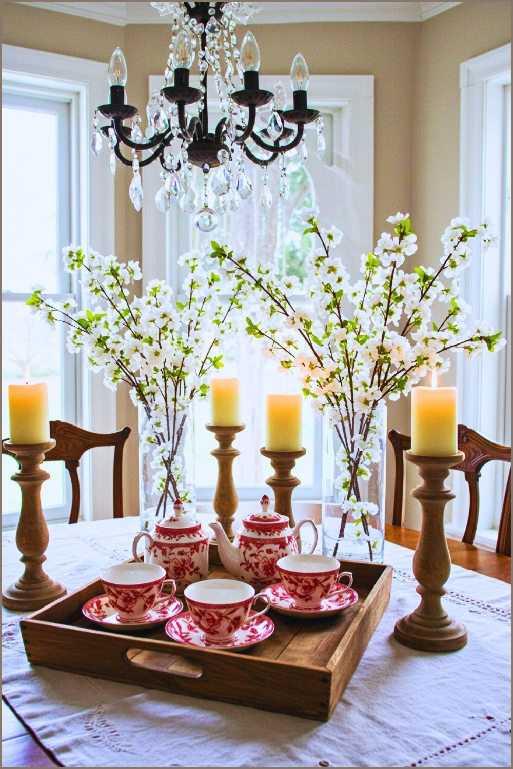 Vintage Dining Table Crystal Chandelier Above