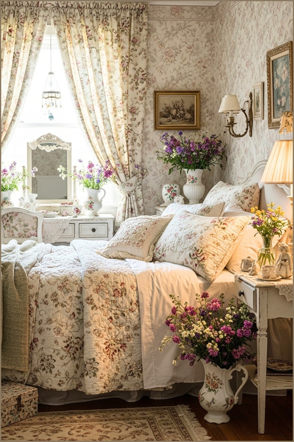 Vintage Girly Bedroom, Floral Wallpaper And Curtains, Pastel Bedding