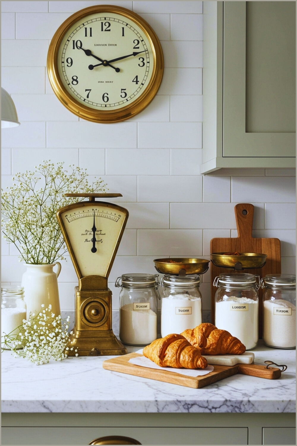 Vintage Kitchen Classic Clock Above Marble Countertop