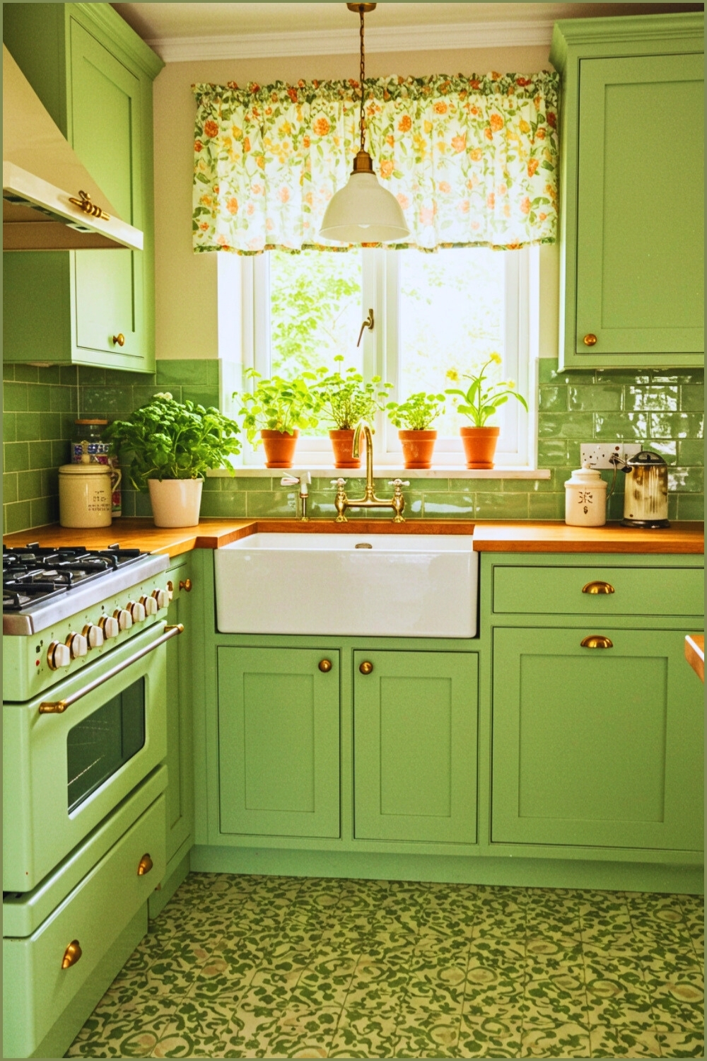Vintage Kitchen Green Cabinets Wooden Countertops