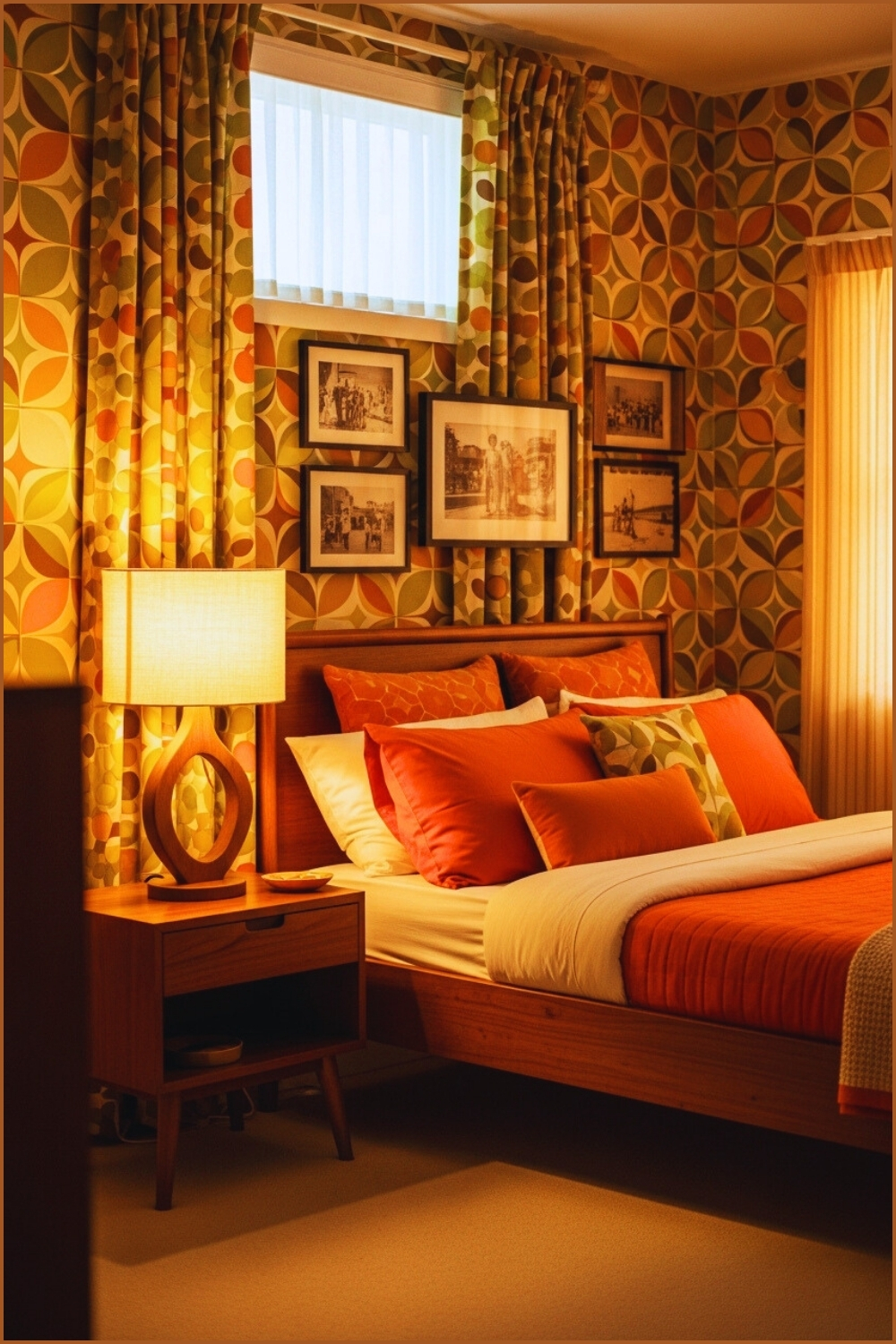 Vintage Retro Bedroom With Colorful Patterned Wallpaper