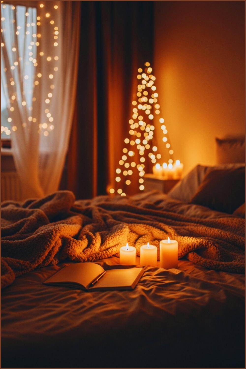 Warm Cozy Bedroom With Glowing Candles Soft Beige Bedding
