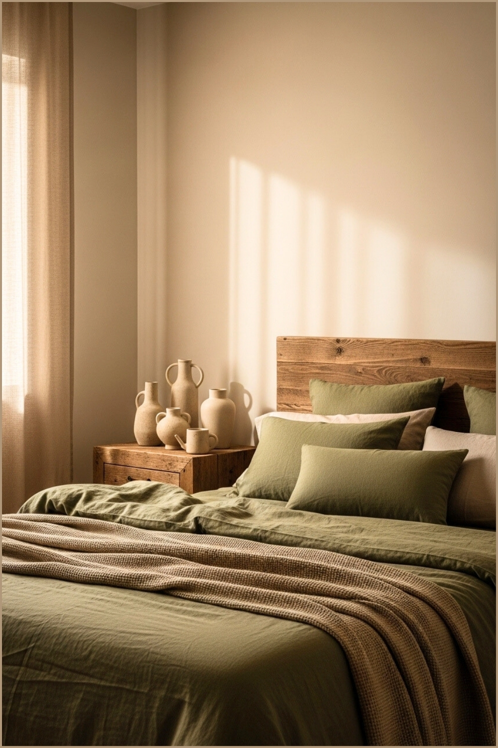 Warm Cozy Bedroom With Wooden Headboard, Olive Green Duvet And Pillows