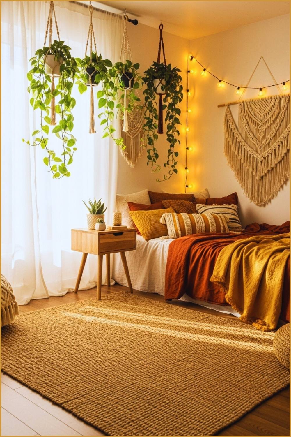 Warm Cozy Bohemian Bedroom Interior With Hanging Plants