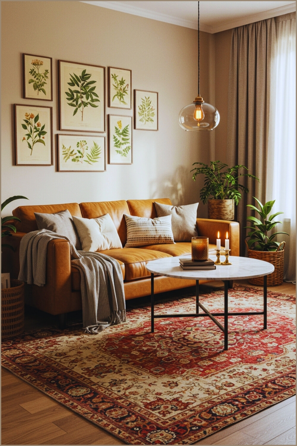 Warm Cozy Living Room Tan Leather Sofa And Throw Blankets
