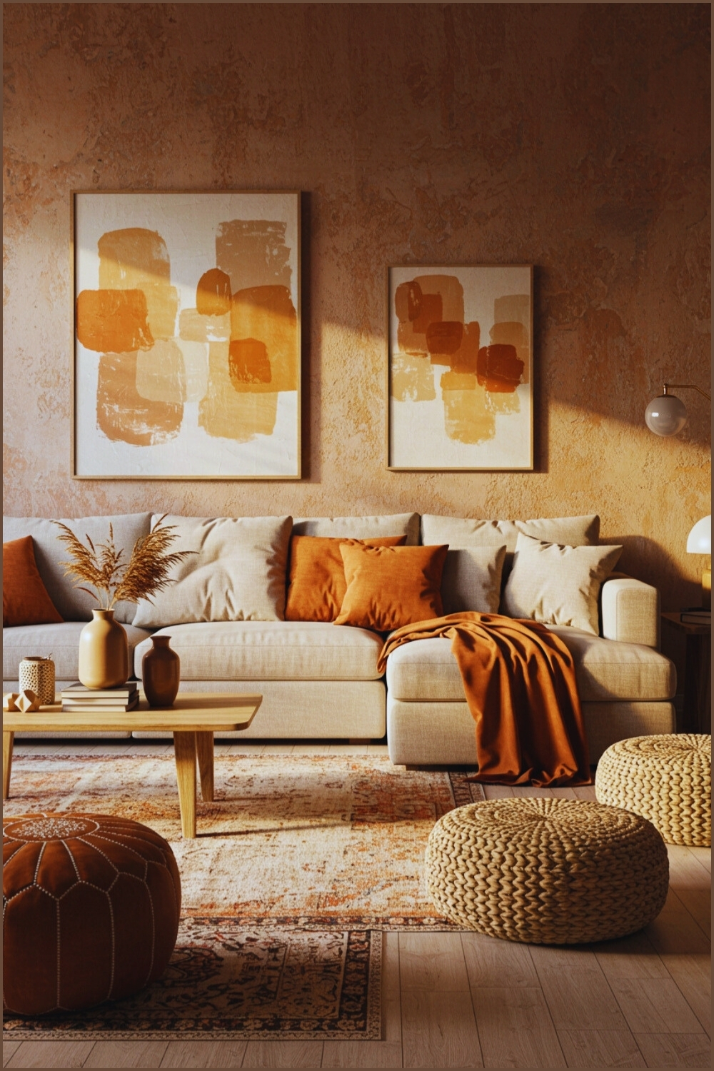 Warm Earthy Living Room L-shaped Beige Sofa