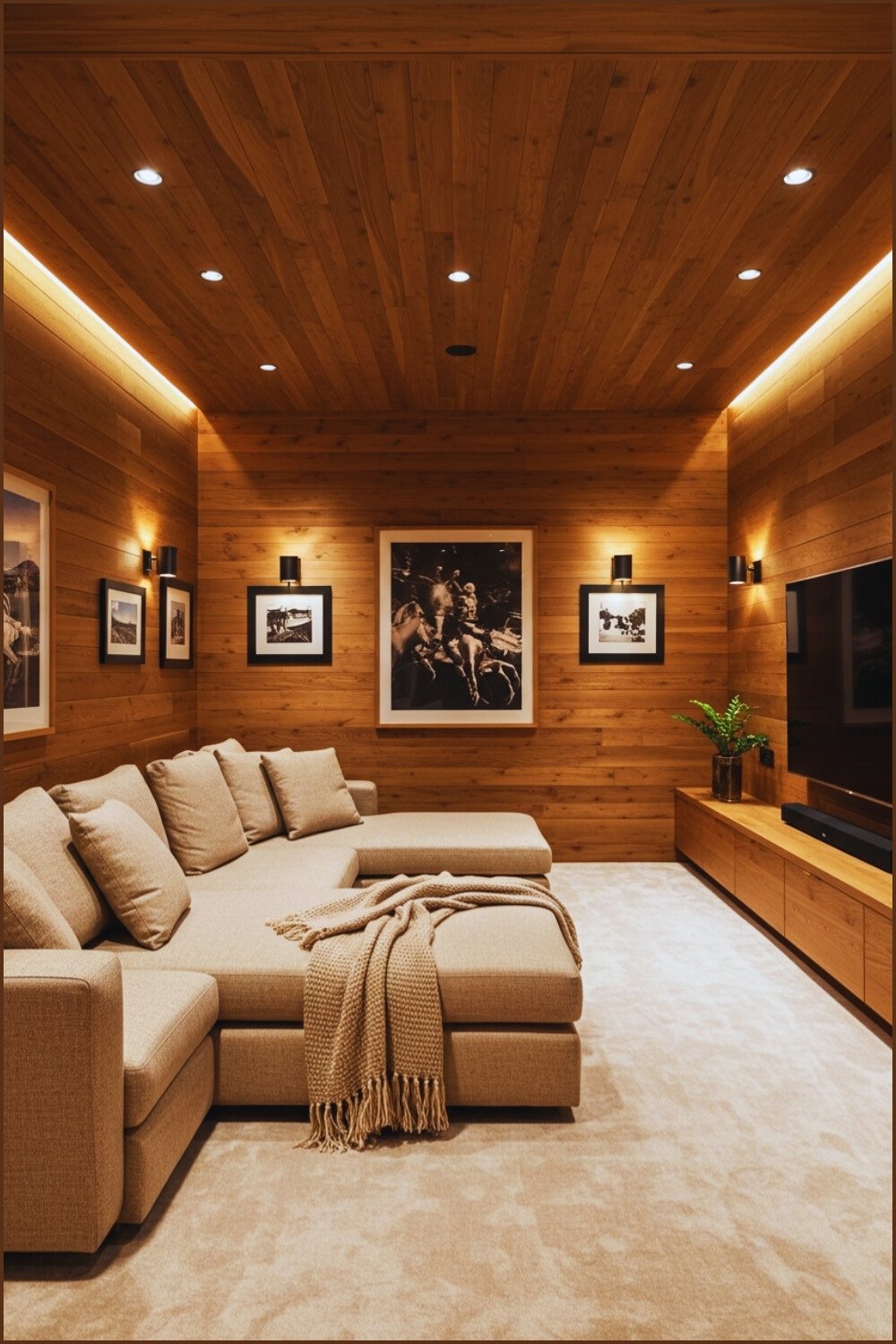 Warm Home Theater Wooden Paneling