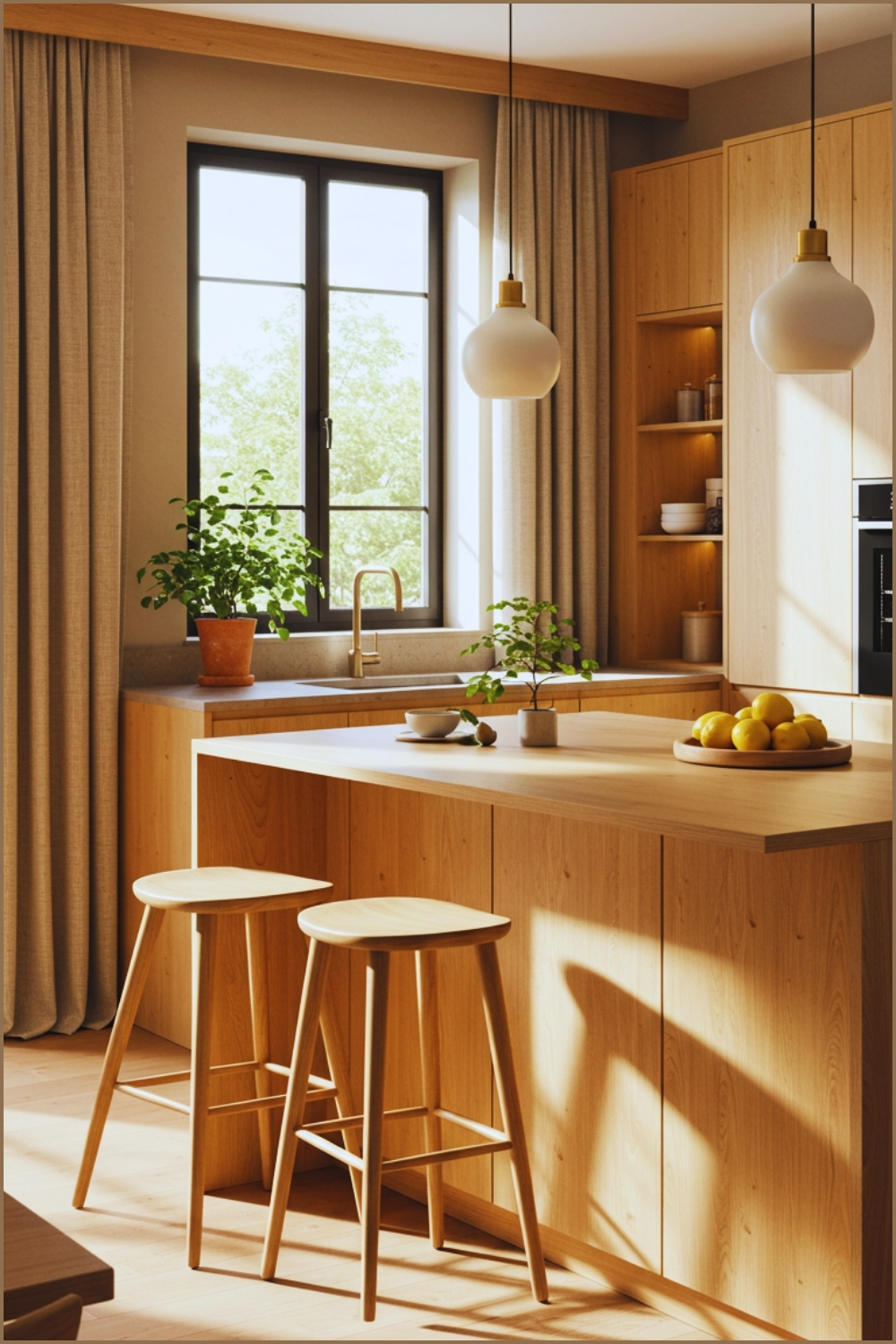Warm Japandi Minimalist Kitchen Grain Cabinets