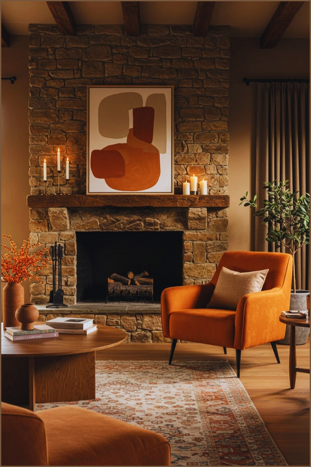 Warm Living Room Earthy Tones And Stone Fireplace
