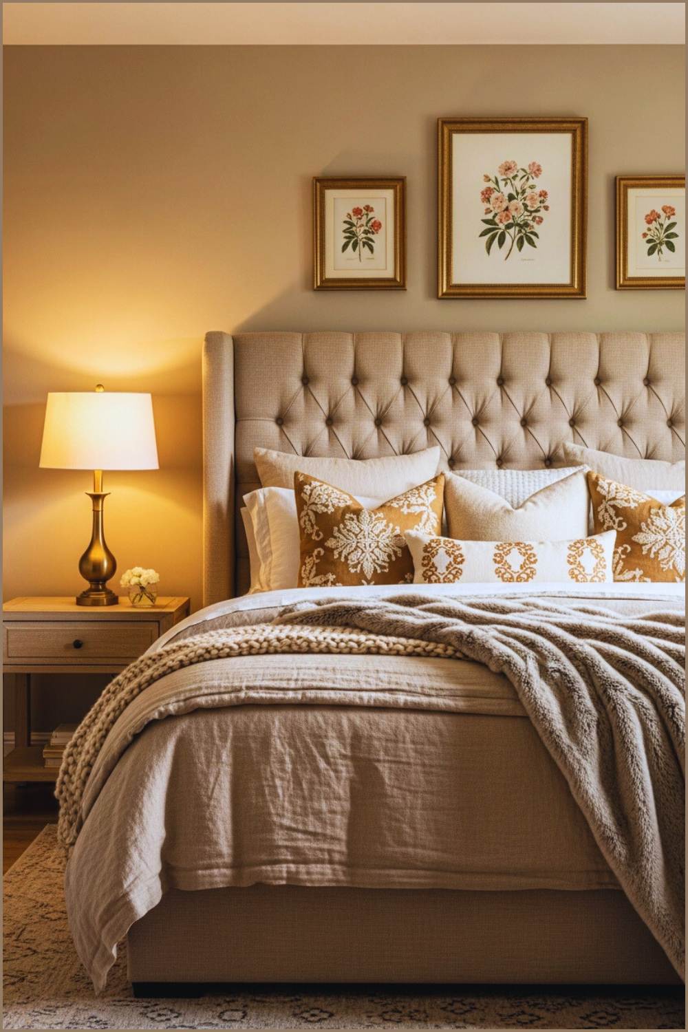 Warm Neutral Bedroom With Tufted Beige Headboard Layered