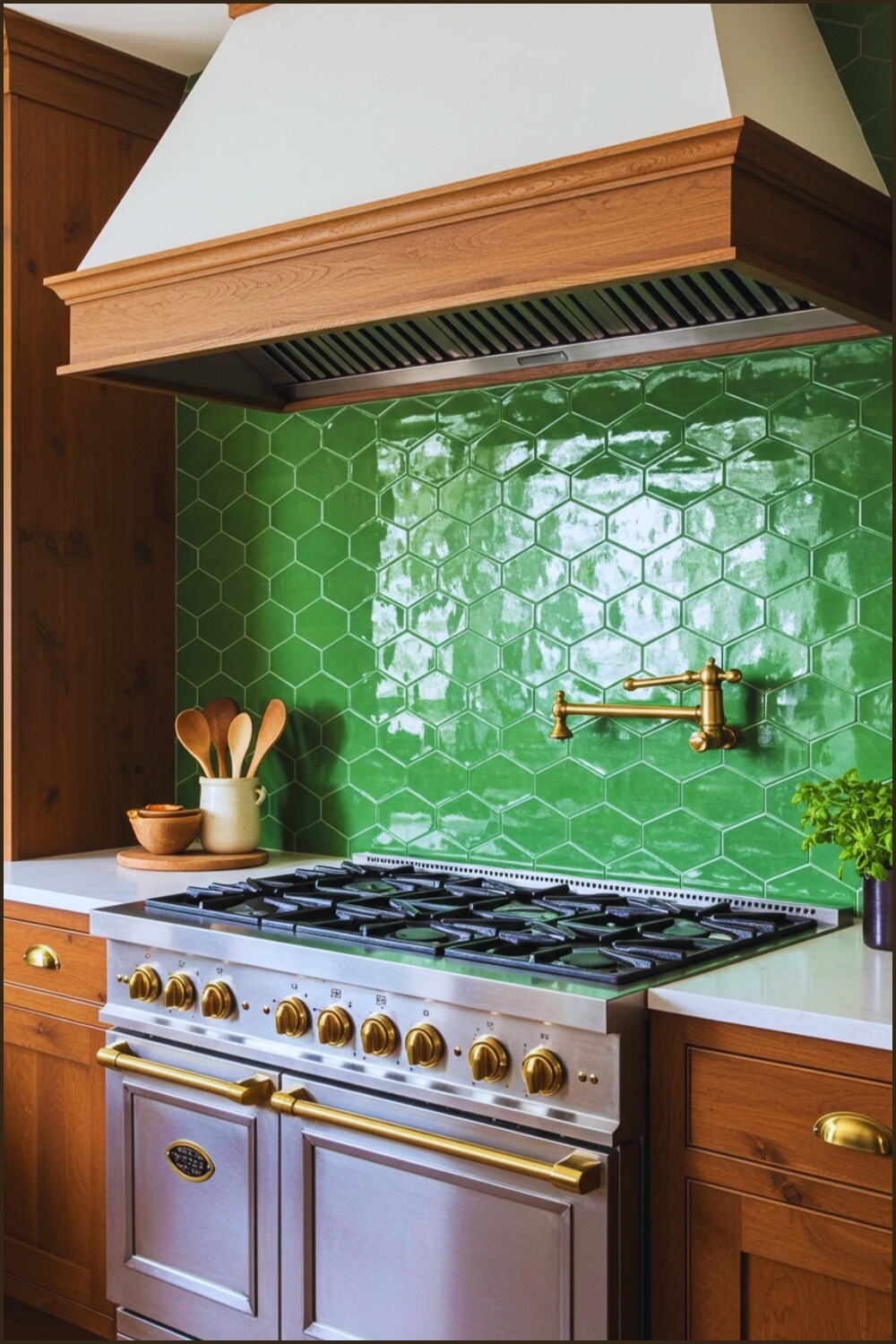 Warm Rustic Kitchen Corner Stove Gold Knobs