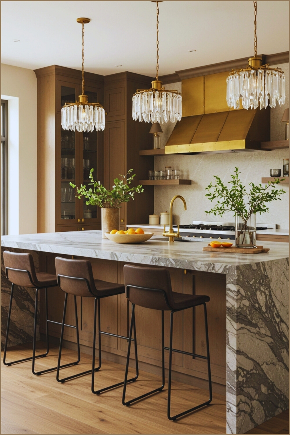 Warm Upscale Kitchen Waterfall Counter