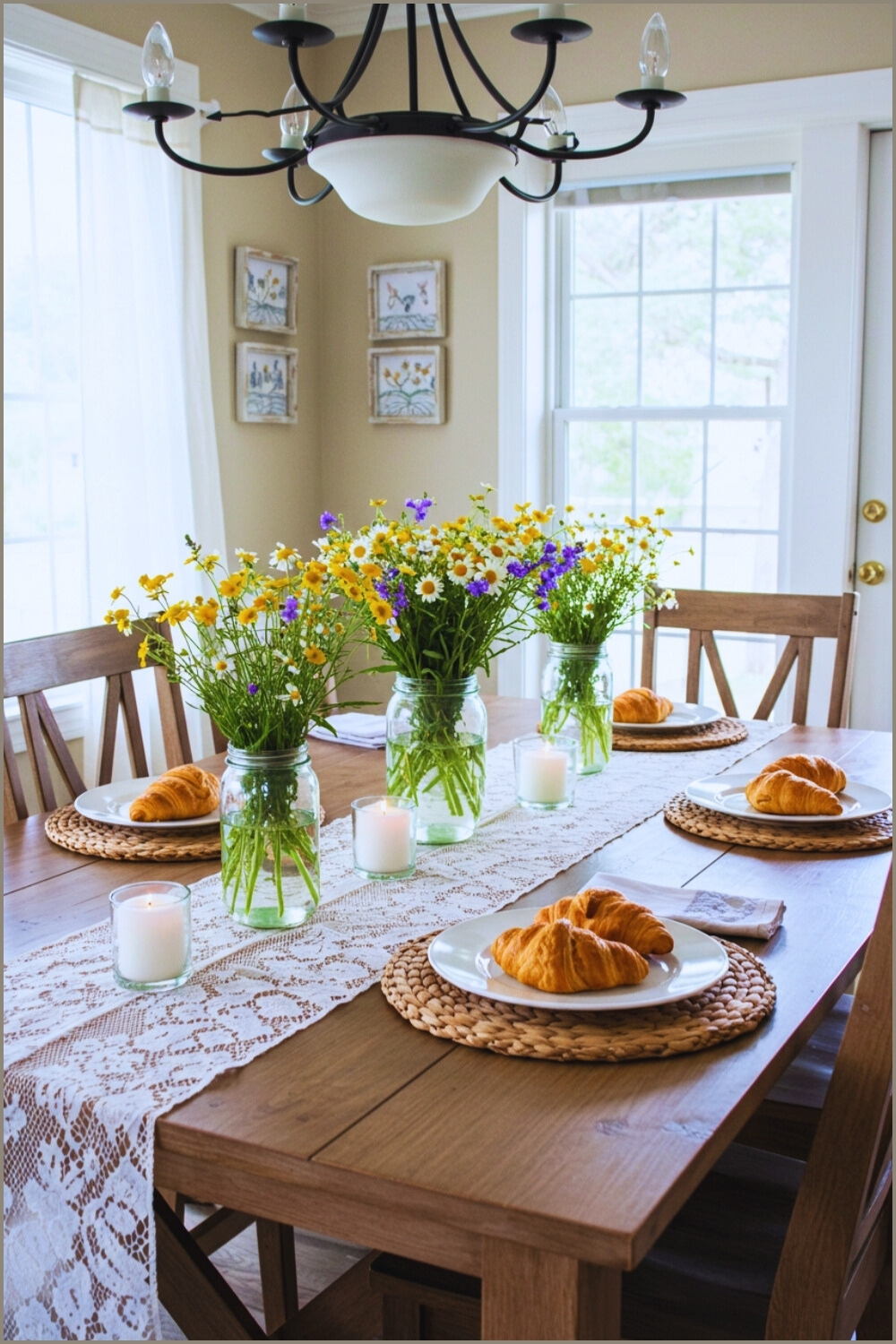 Welcoming Dining Table ith Rustic Wooden Table Lace Runner