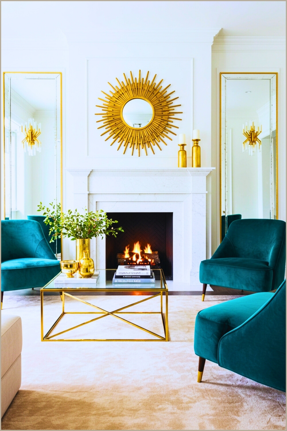 White Marble Fireplace Gold Sunburst Mirror