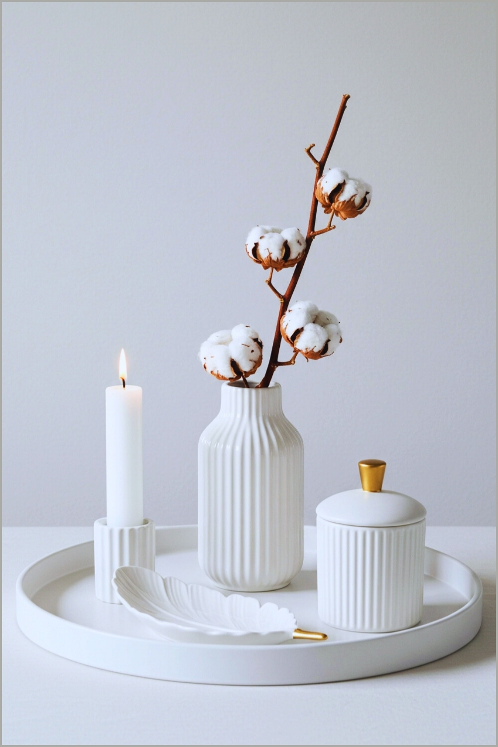 White Tray Cotton Branch Ribbed Vase