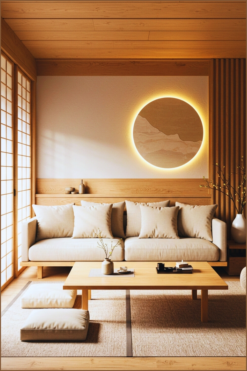 Zen Japanese Living Room Shoji Windows And Neutral Sofa