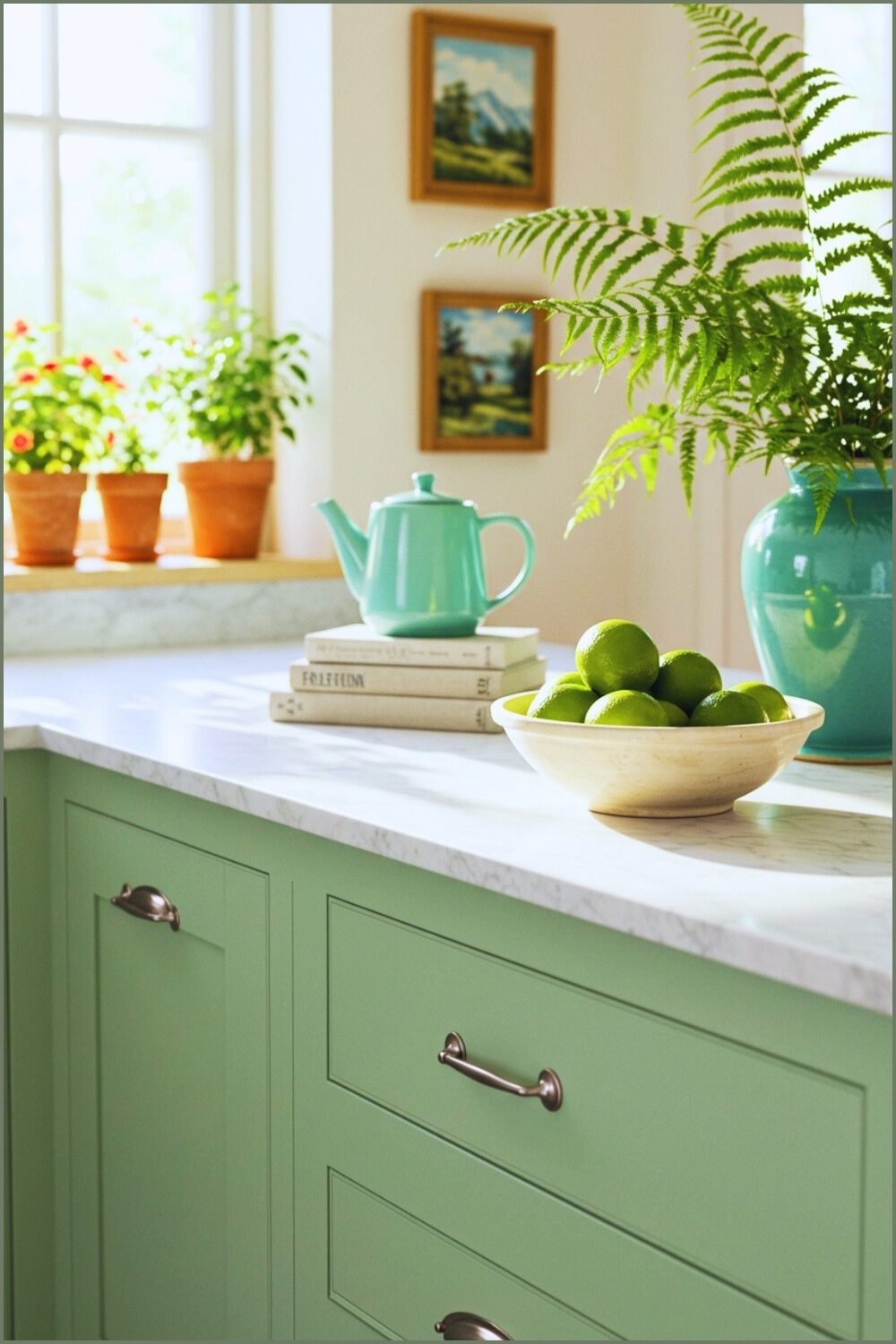 kissed Cottage Kitchen Mint-green Shaker Cabinets