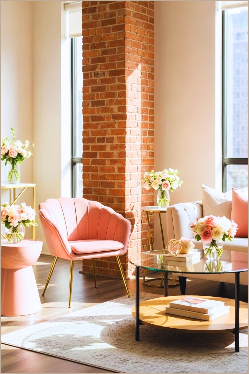 A Bright Modern Living Room With Exposed Brick Column