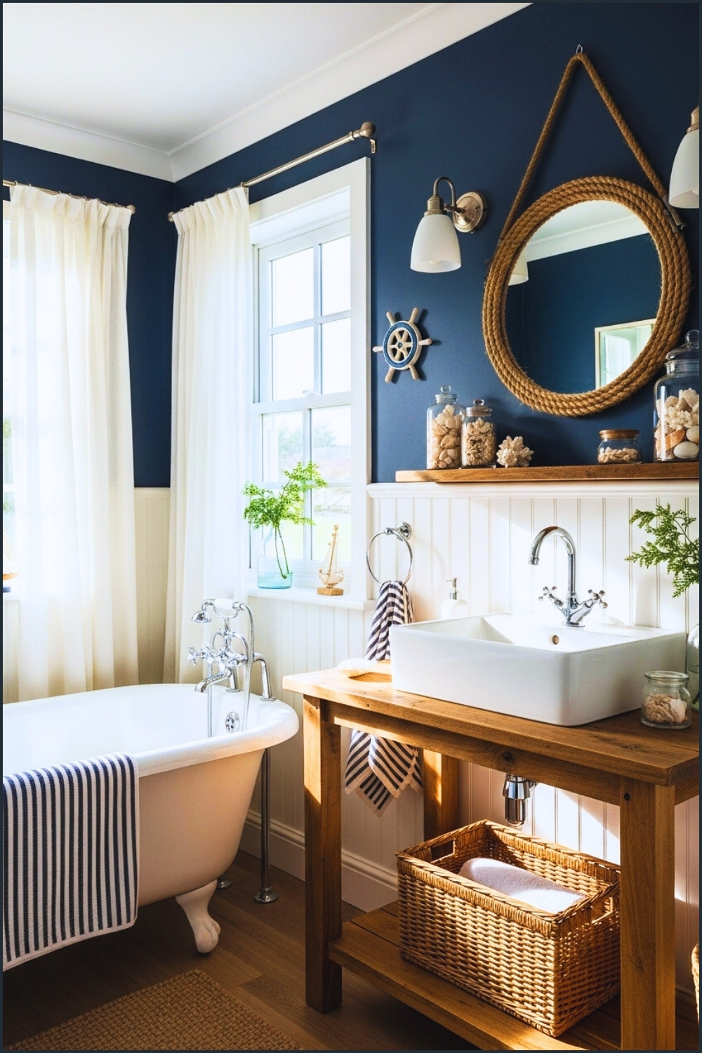 A Cozy Nautical Style Bathroom With Deep Navy Blue Upper Walls