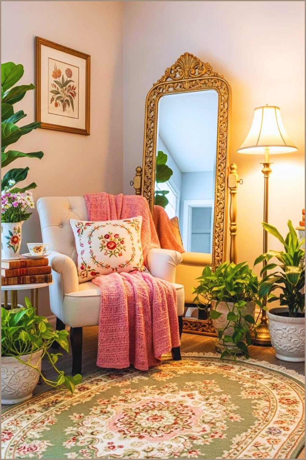 A Cozy Vintage-inspired Reading Corner With An Ornate Standing