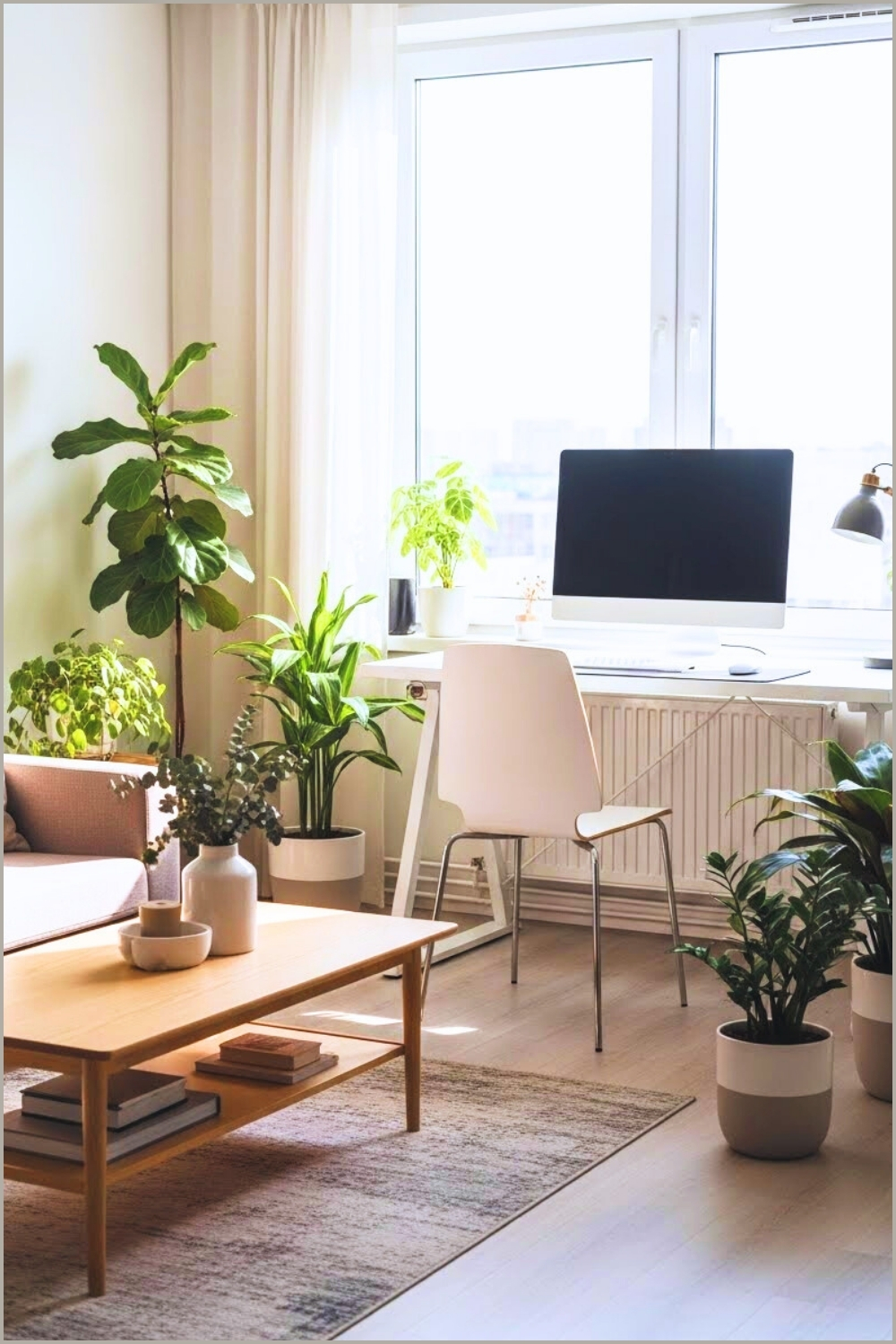 A Minimalist Living Room Combined With A Home Office