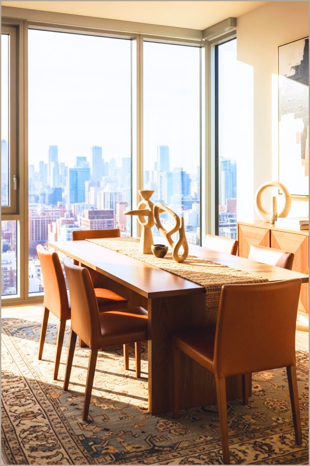 A Modern Apartment Dining Room With Floor-to-ceiling Windows