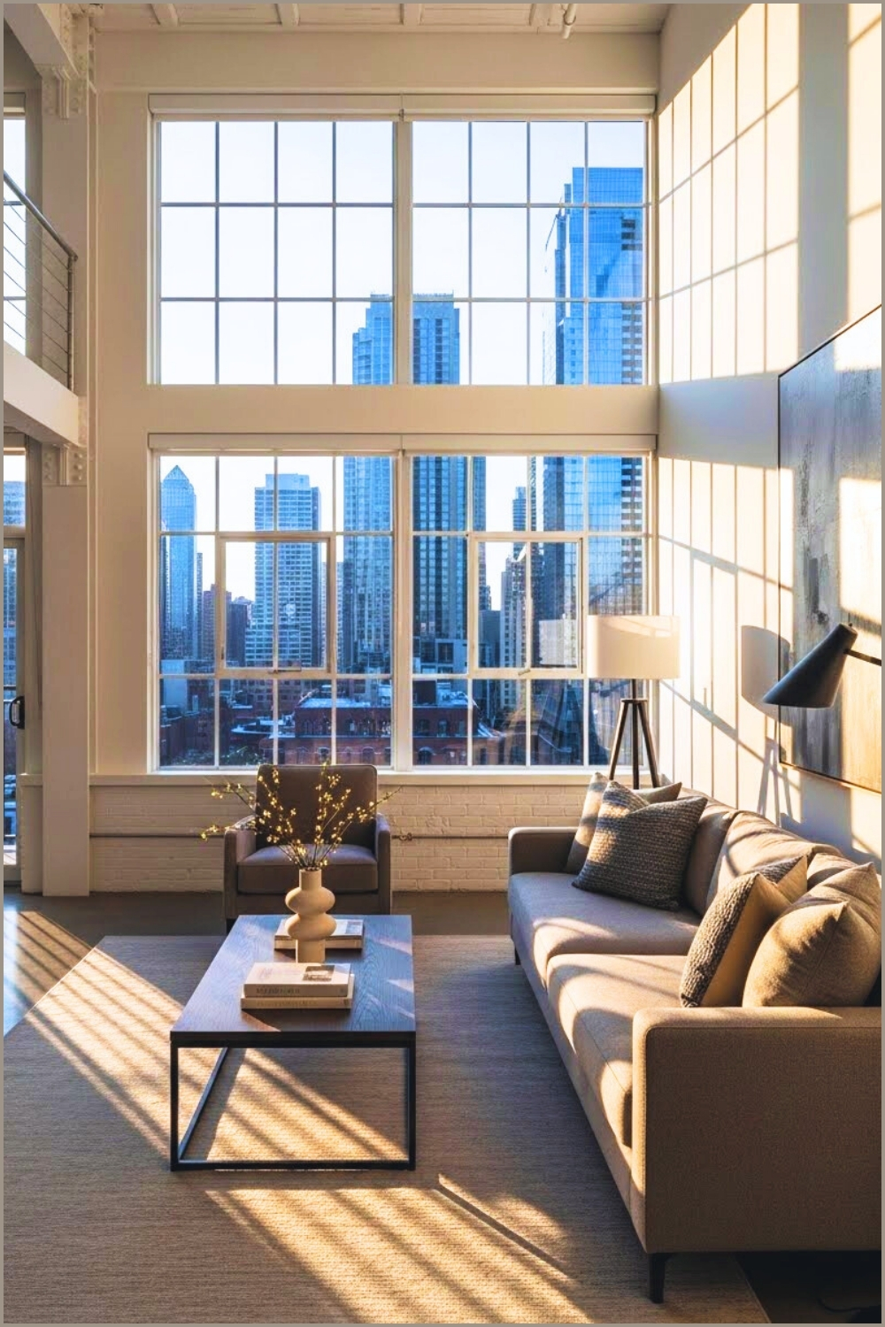 A Modern Loft Living Room With Double-height Windows