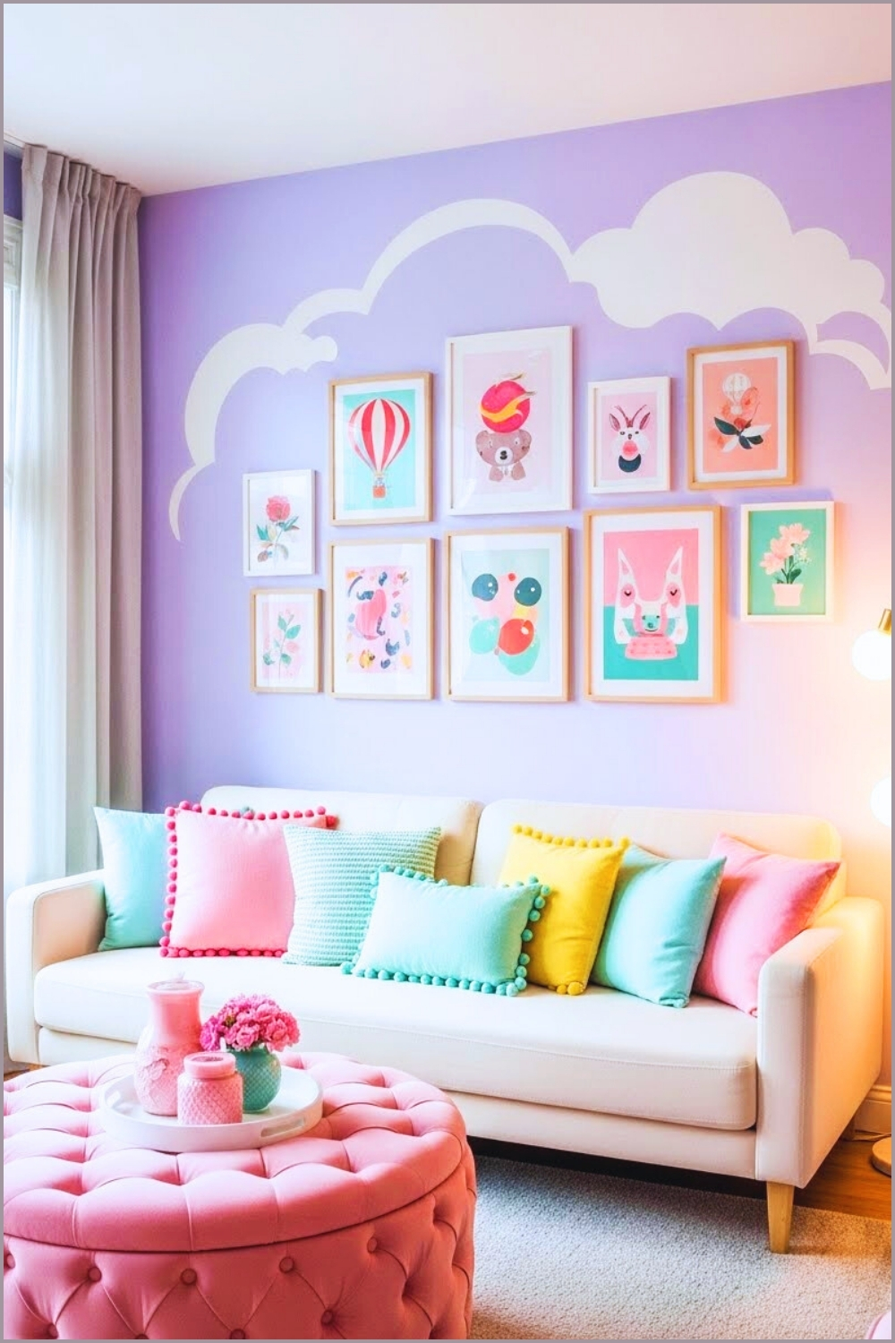A Playful Pastel Living Room With Soft Lavender Walls