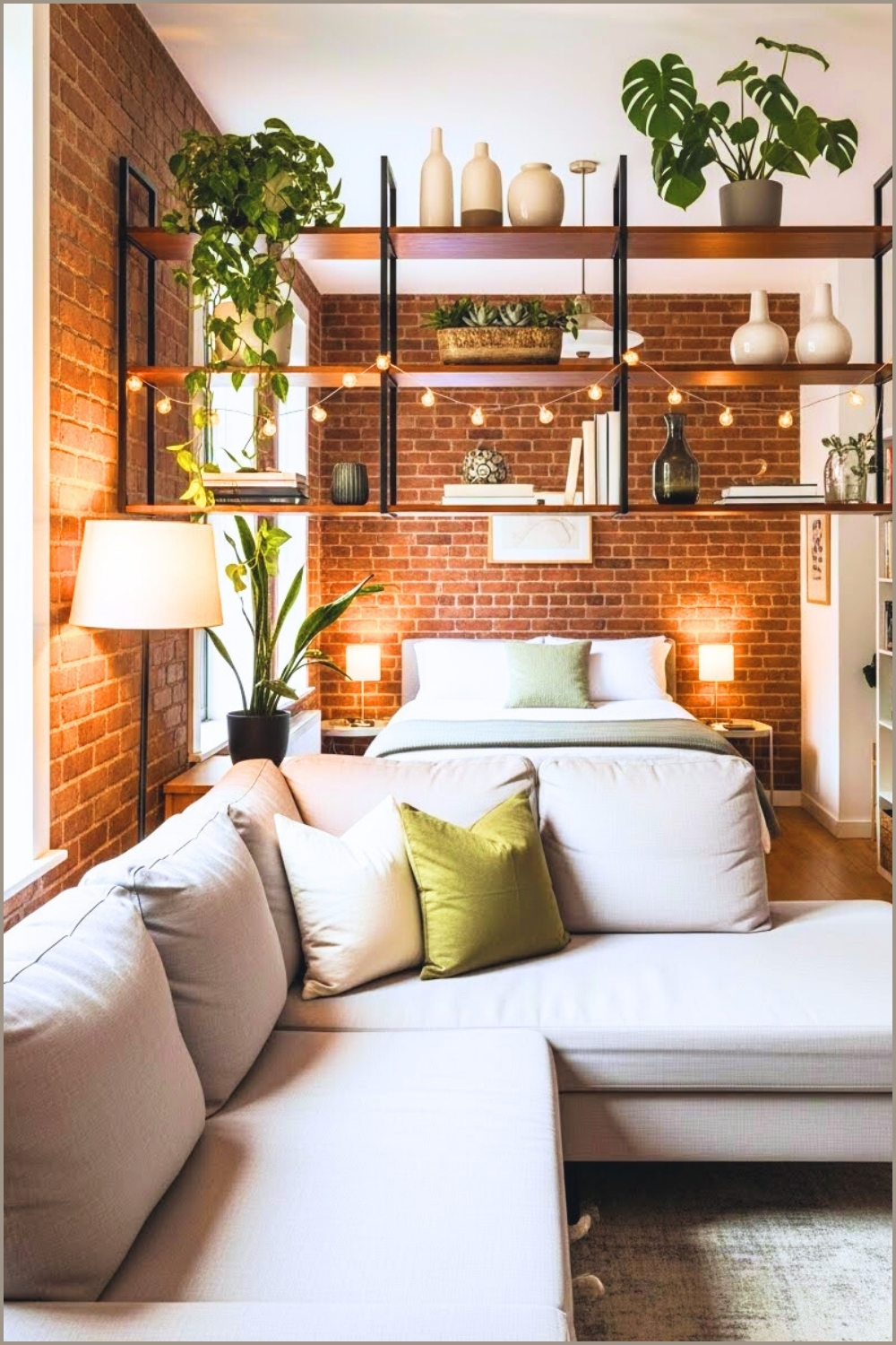 A Small Apartment Living Room With Exposed Brick Wall