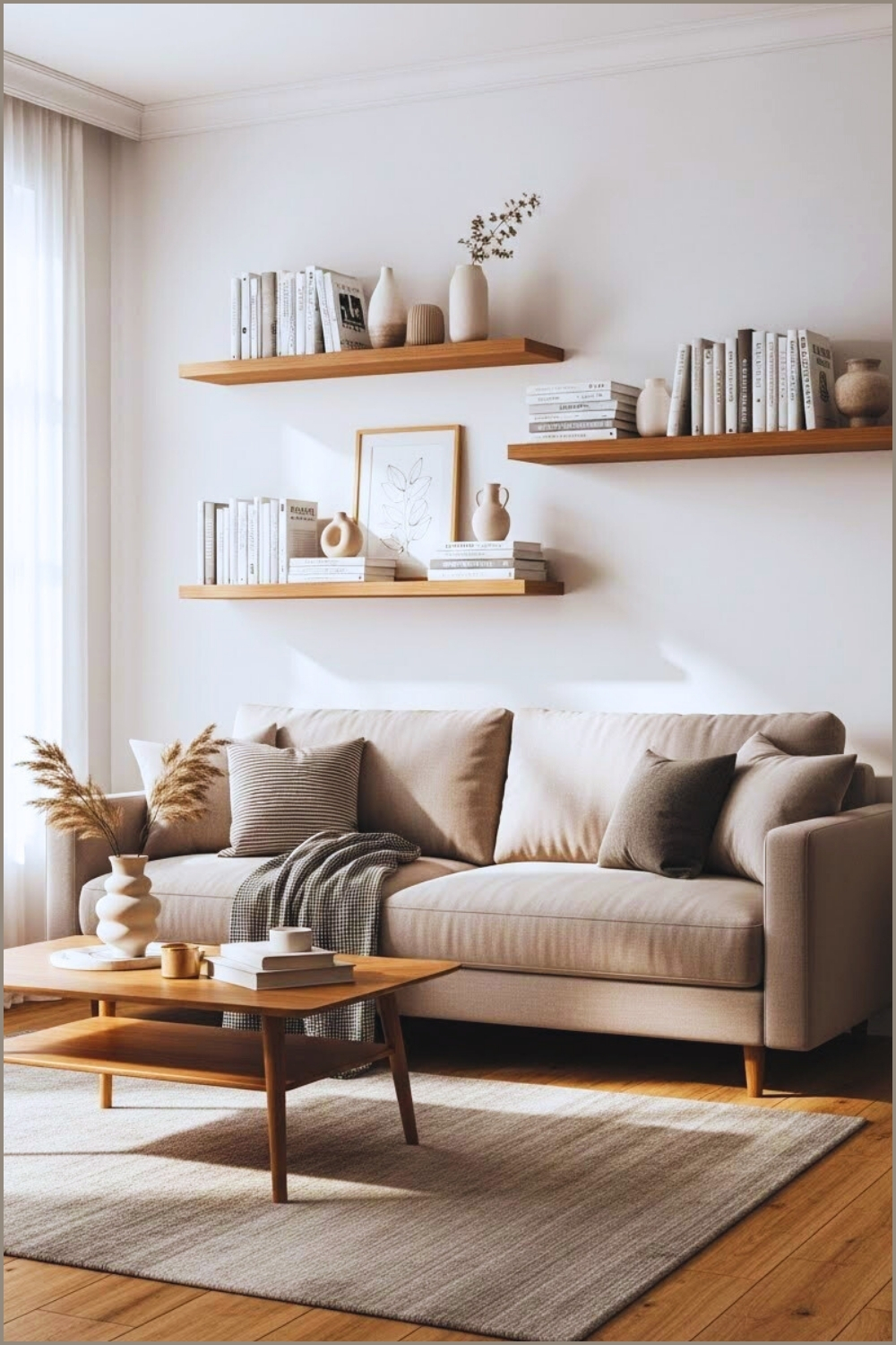 A Small Cozy Living Room With Floating Wall Shelves