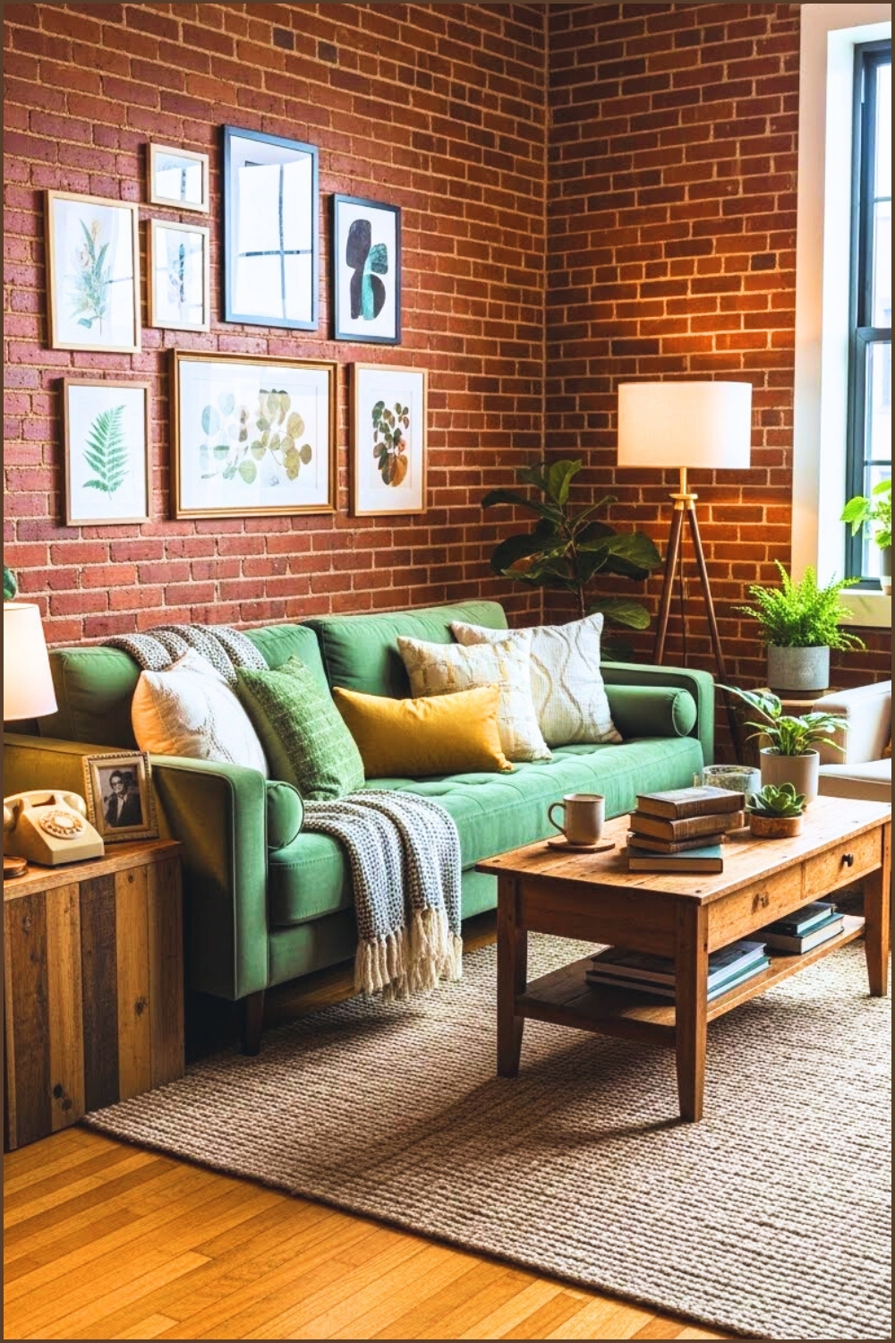 A Warm Living Room With Exposed Brick Walls Wooden Floors