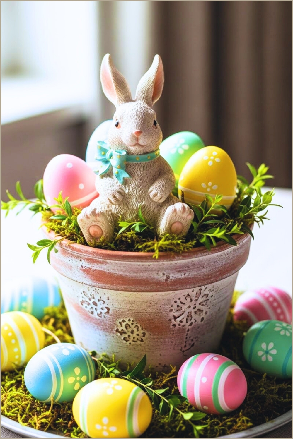 Adorable Easter Bunny Figurine Sitting In A Decorative Pot