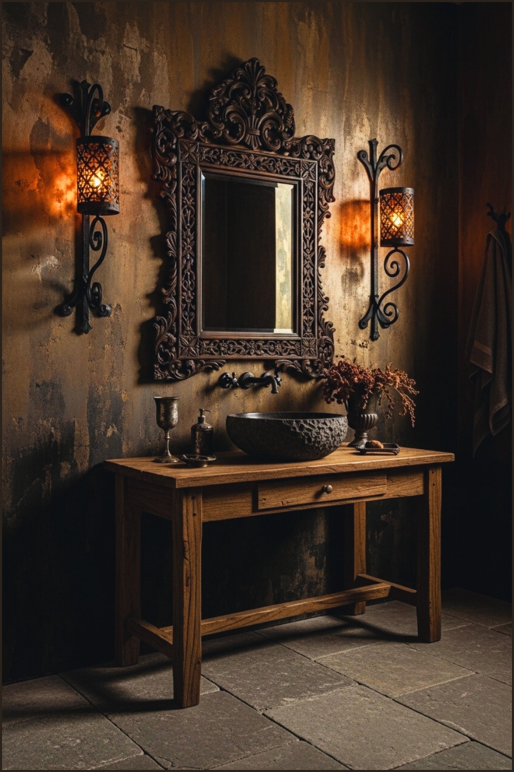 Antique Gothic Bathroom, Distressed Bronze And Black Walls