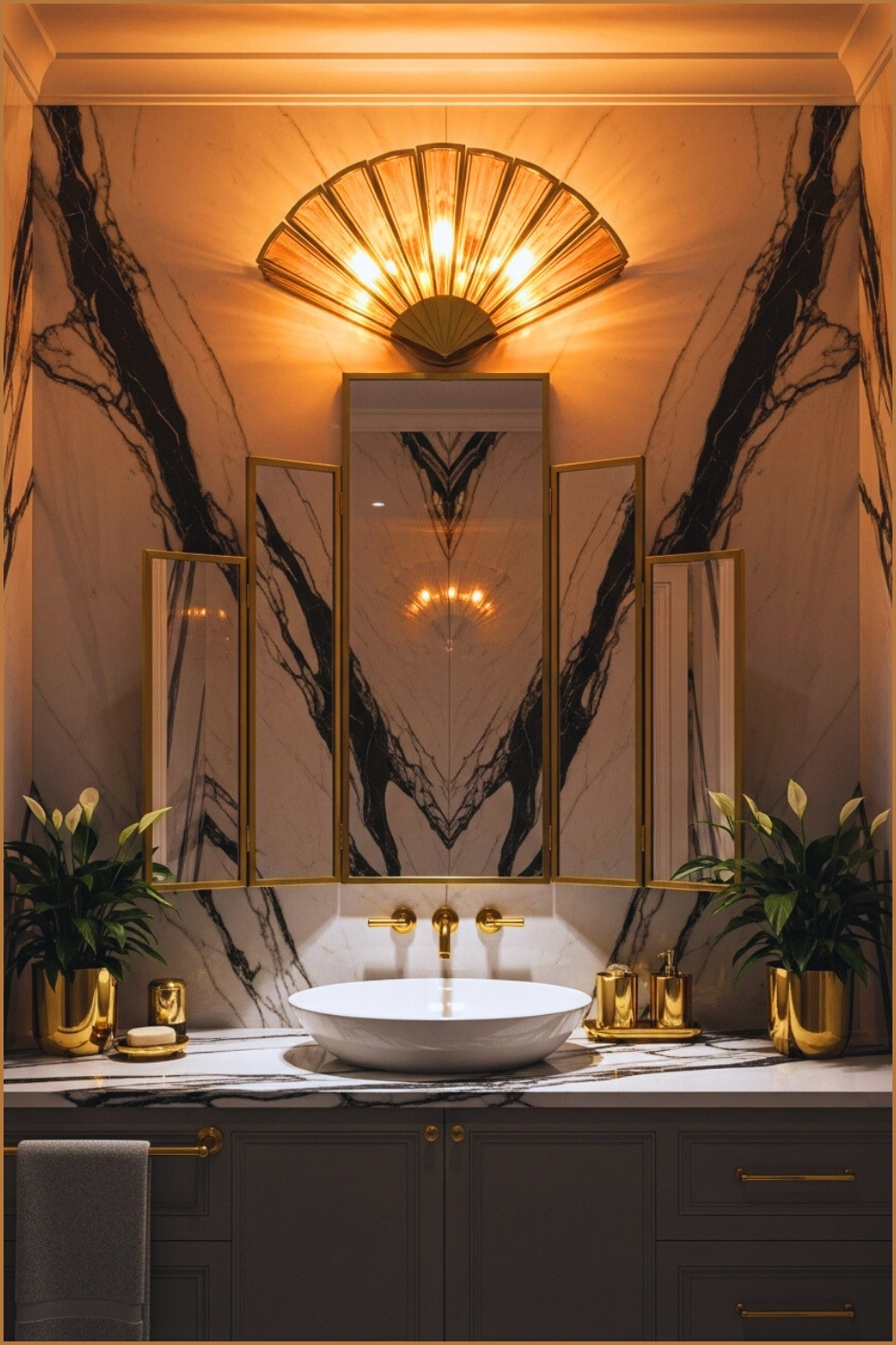 Art Deco Inspired Bathroom, Geometric Multi-panel Mirror