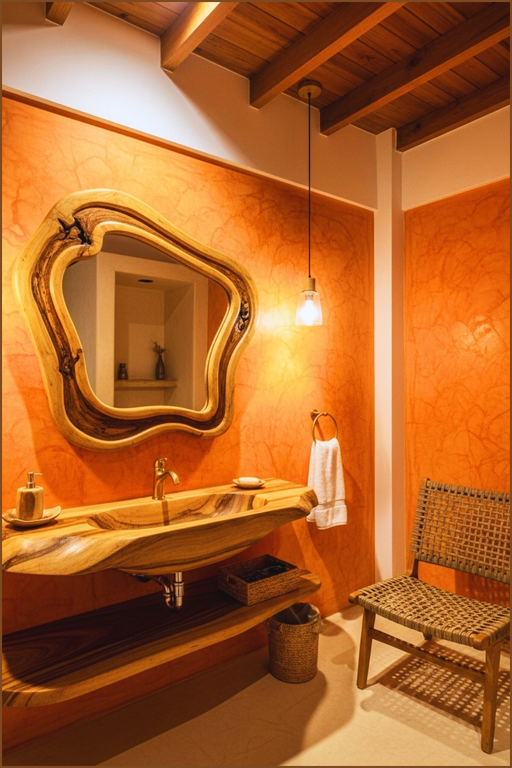Artistic Earthy Bathroom, Sculpted Wooden Sink And Mirror