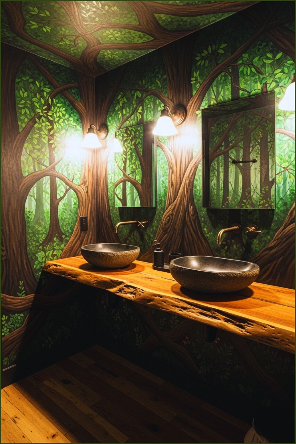 Artistic Forest-themed Bathroom, Hand-painted Dark Green Tree Mural