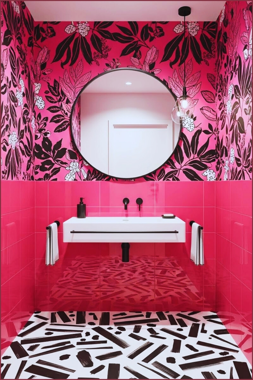 Artistic Pink Bathroom With Graphic Black Botanical