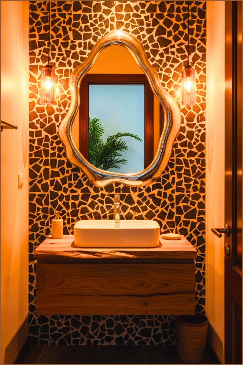 Artistic Powder Room With Irregular Organic Mirror Frame