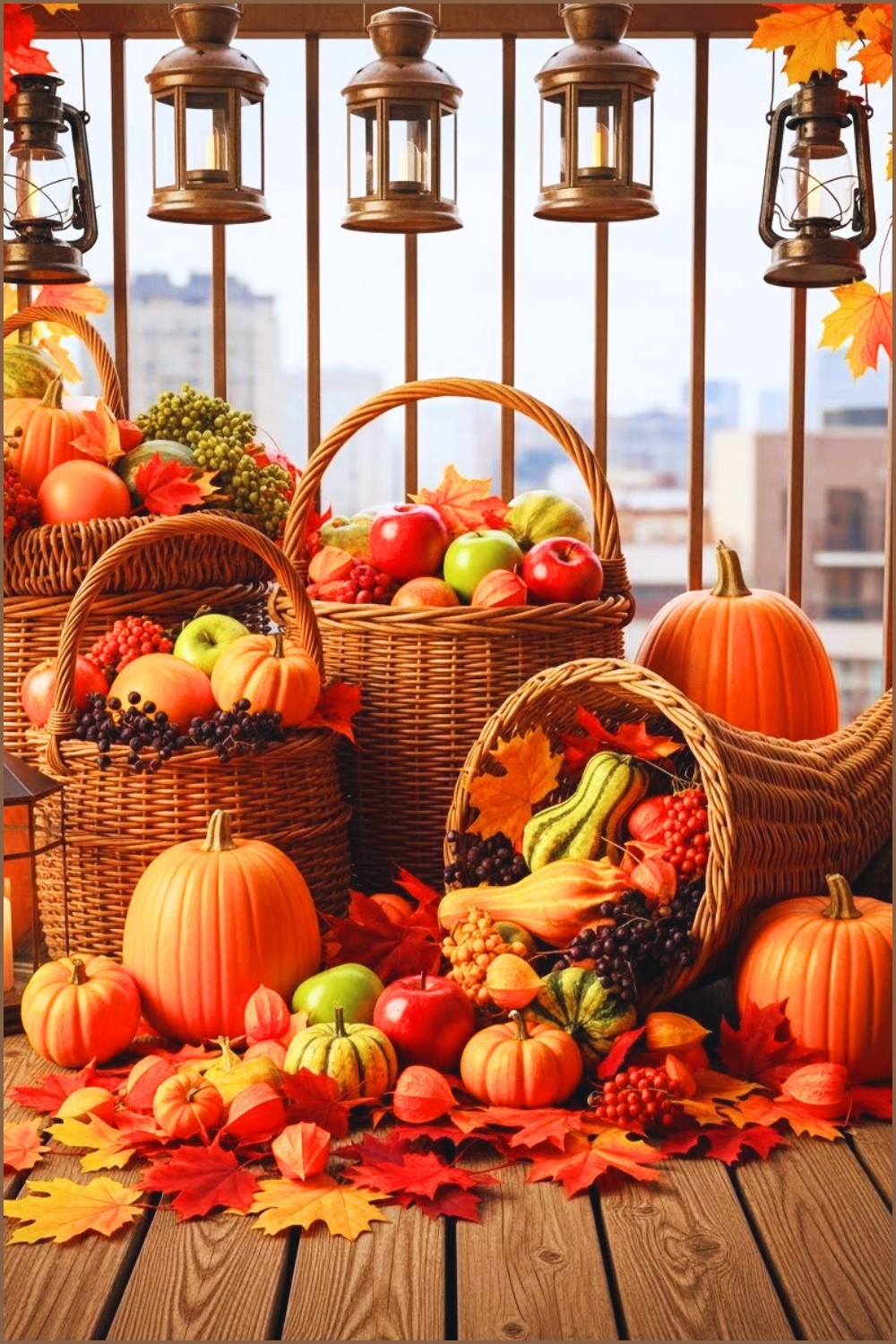 Autumn Balcony Decorated With Woven Baskets Filled