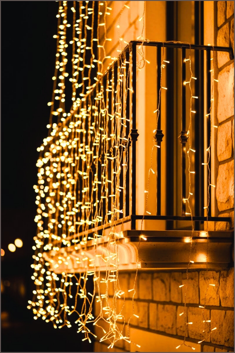 Balcony Covered In Cascading Curtain String Lights