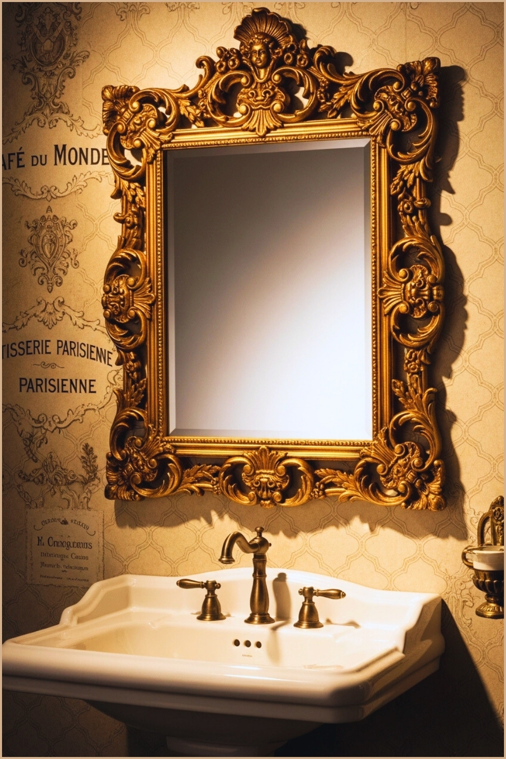 Baroque-style Gold Ornate Mirror, Vintage Café-inspired Wallpaper