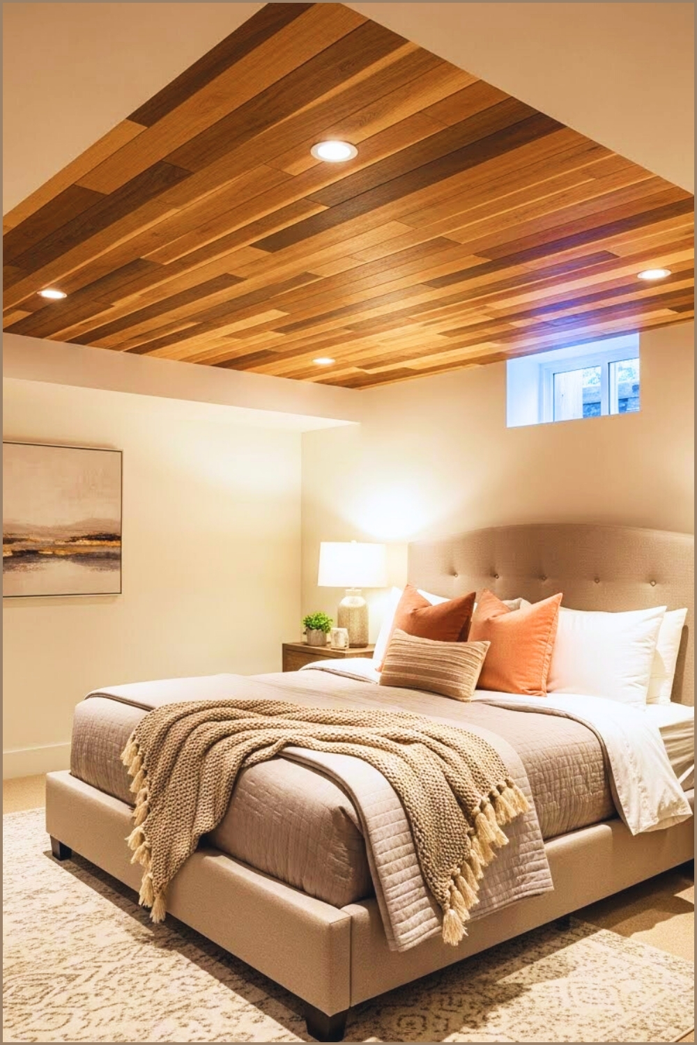 Basement Bedroom With A Striking Wood Accent Ceiling