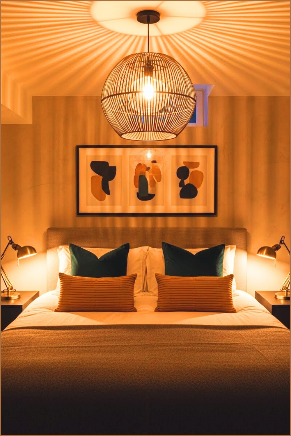 Basement Guest Bedroom With Bold Statement Pendant Light