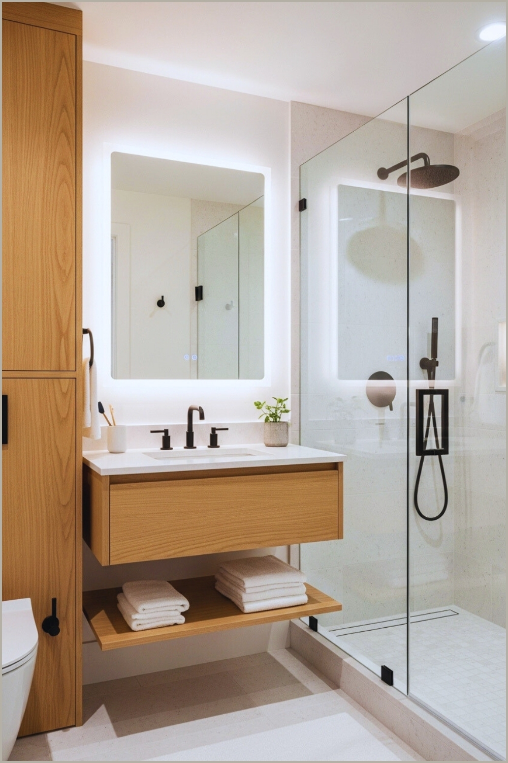 Bathroom Blends Warm Light Stained Wood With Crisp