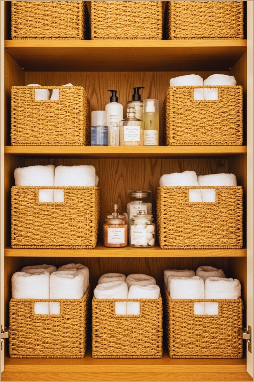 Bathroom Cabinet Interior Filled With Wicker Baskets